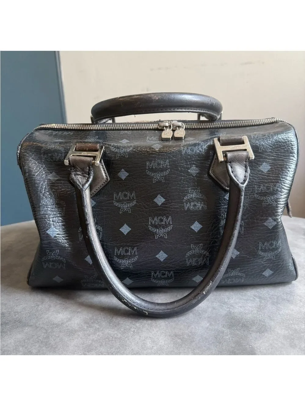 MCM Black Lion Monogram Satchel with Metallic Accents